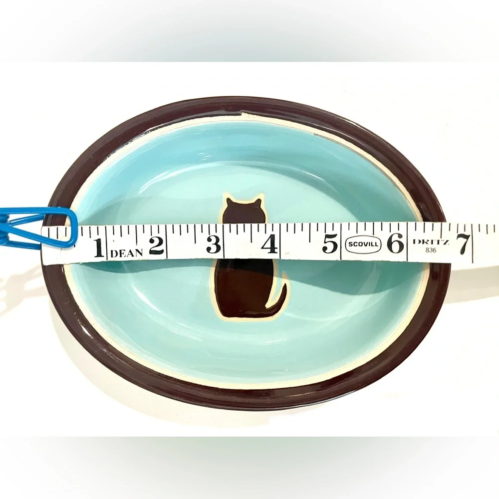 Ceramic Cat Food Bowl in Aqua with Black Cat Silhouette